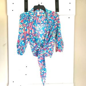 Juniors No Boundaries Blue and Pink Animal Print Tied Crop Top Belly Shirt 7/9